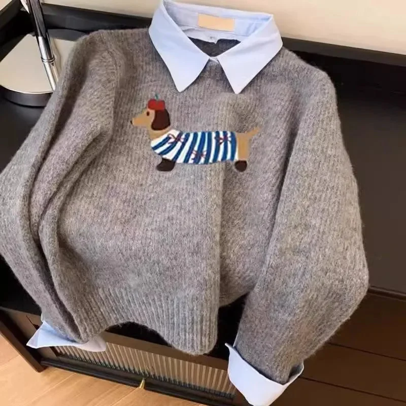 Dog Cartoon Soft Grey Fake Two-piece Shirt Collar Knitted Sweater Women's Top 2025 Autumn New Item Lapel Sweater Winter Female