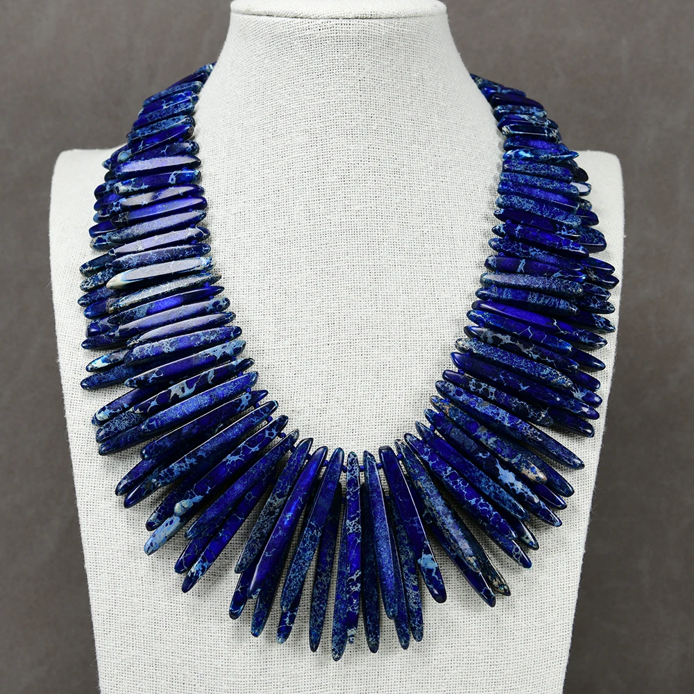 G-G 20' 2 Strands Blue Sea Sediment Jasper Top Drilled Stick Necklace Handmade Women Jewelry Gifts