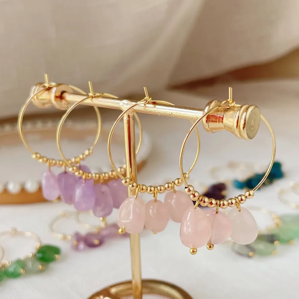 Natural Crystal Earrings for Women Irregular Ore Quartz Citrines Purple Crystal Pearl Tassel Dangle Stainless Steel Hoop Earring