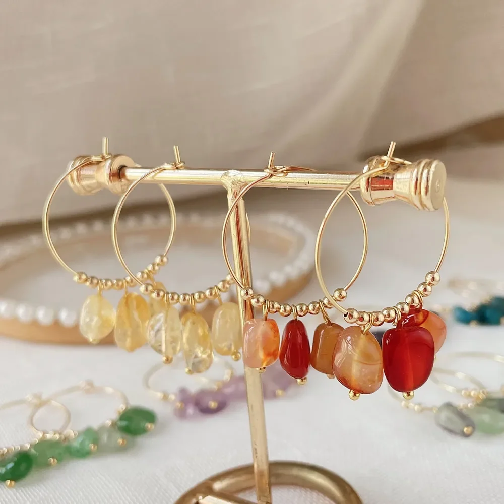 Natural Crystal Earrings for Women Irregular Ore Quartz Citrines Purple Crystal Pearl Tassel Dangle Stainless Steel Hoop Earring