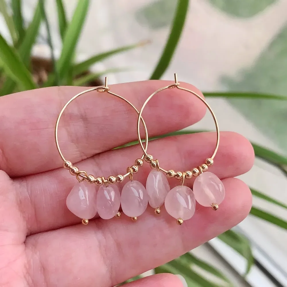 Natural Crystal Earrings for Women Irregular Ore Quartz Citrines Purple Crystal Pearl Tassel Dangle Stainless Steel Hoop Earring