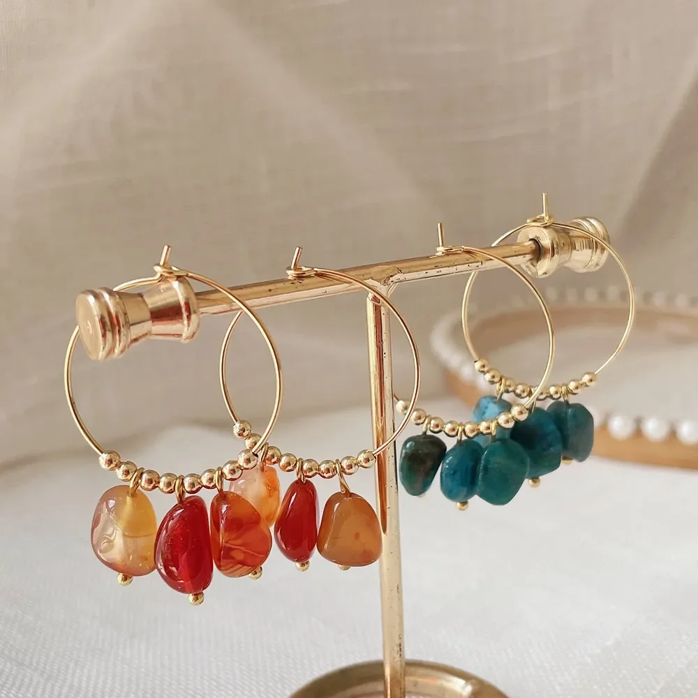 Natural Crystal Earrings for Women Irregular Ore Quartz Citrines Purple Crystal Pearl Tassel Dangle Stainless Steel Hoop Earring