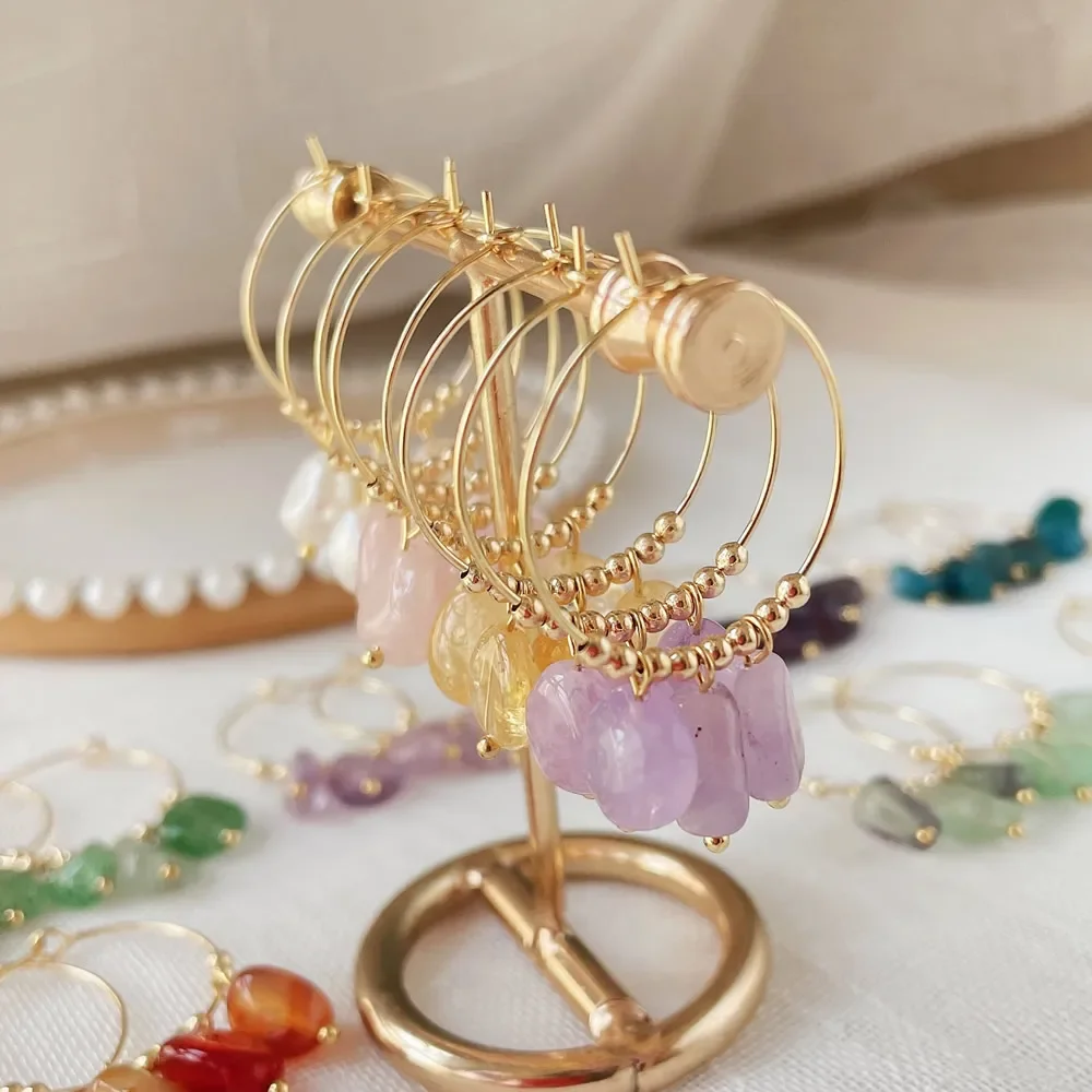 Natural Crystal Earrings for Women Irregular Ore Quartz Citrines Purple Crystal Pearl Tassel Dangle Stainless Steel Hoop Earring