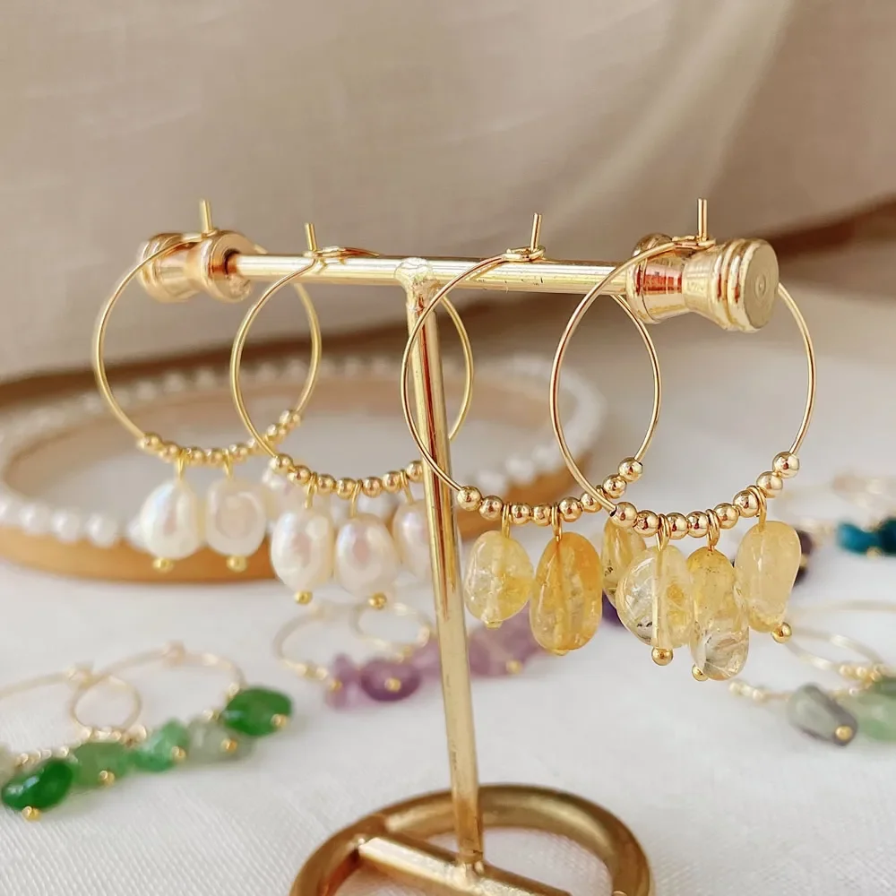 Natural Crystal Earrings for Women Irregular Ore Quartz Citrines Purple Crystal Pearl Tassel Dangle Stainless Steel Hoop Earring