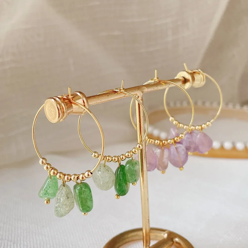 Natural Crystal Earrings for Women Irregular Ore Quartz Citrines Purple Crystal Pearl Tassel Dangle Stainless Steel Hoop Earring