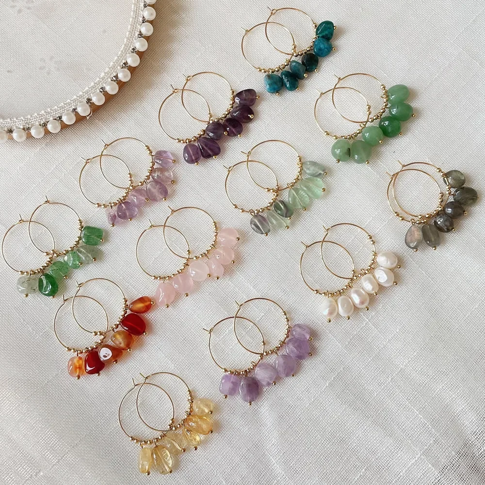 Natural Crystal Earrings for Women Irregular Ore Quartz Citrines Purple Crystal Pearl Tassel Dangle Stainless Steel Hoop Earring