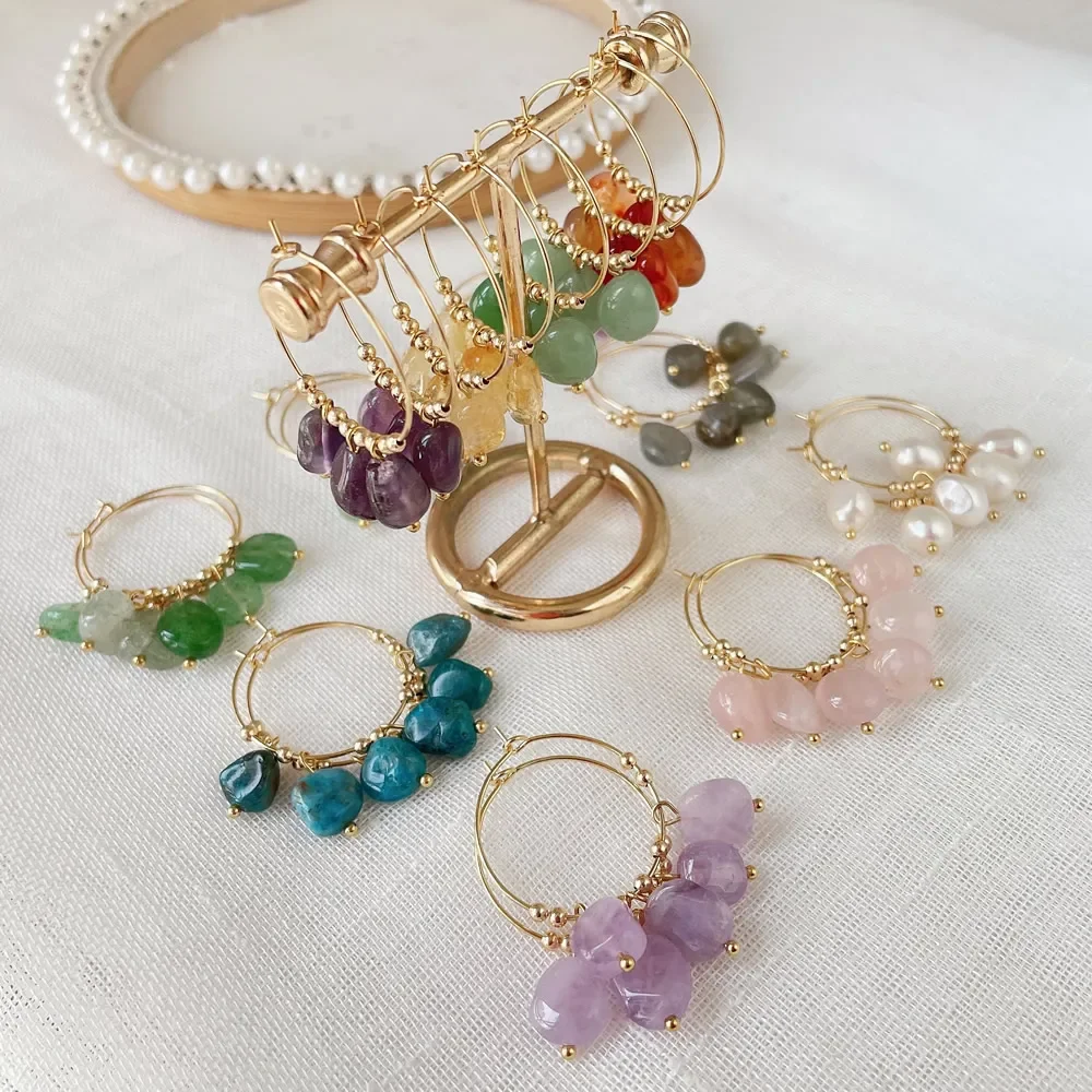Natural Crystal Earrings for Women Irregular Ore Quartz Citrines Purple Crystal Pearl Tassel Dangle Stainless Steel Hoop Earring