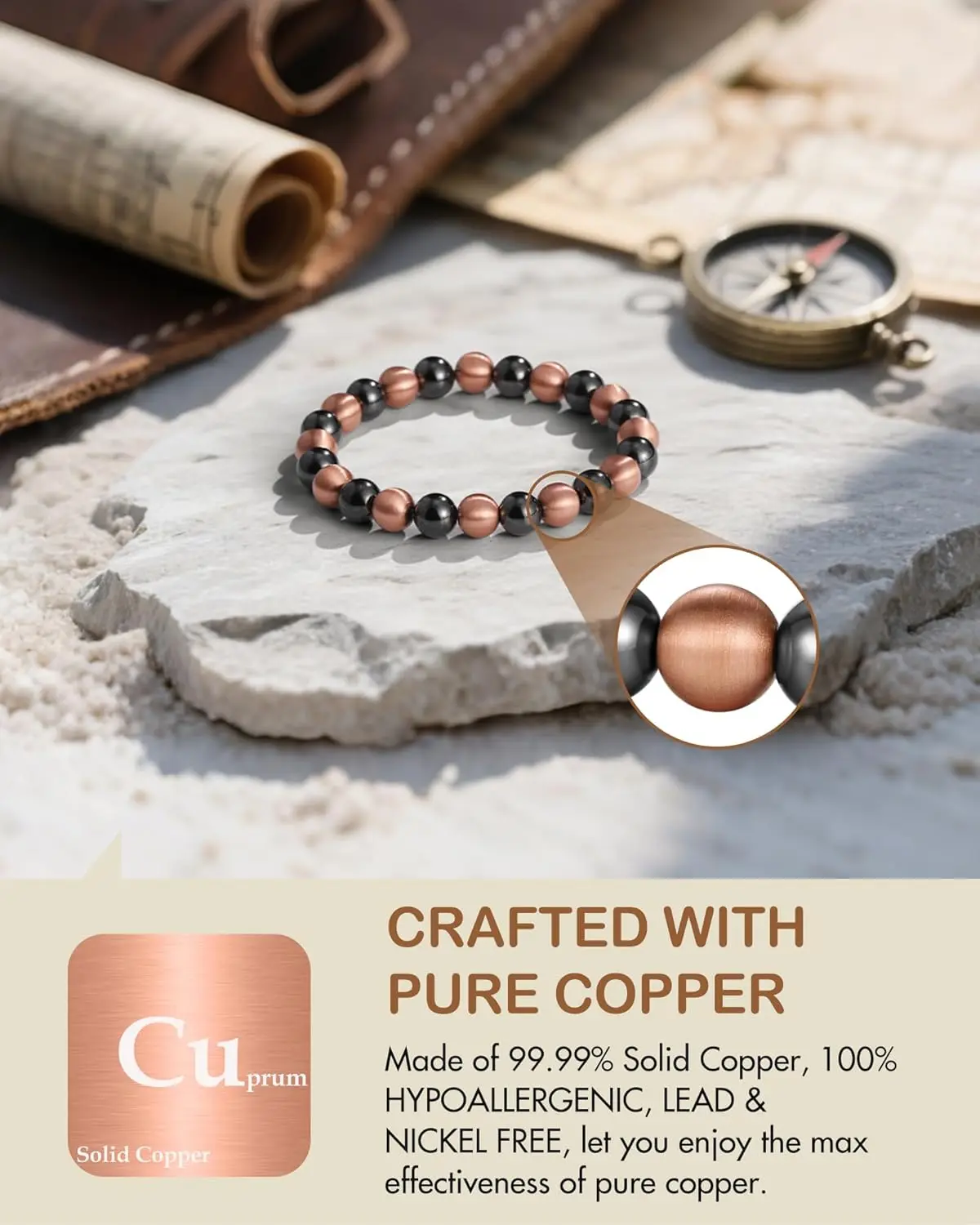 ARADOO Pure Copper Bead Bracelet for Men Women Magnetic Hematite Bead Bracelet Jewelry Gifts