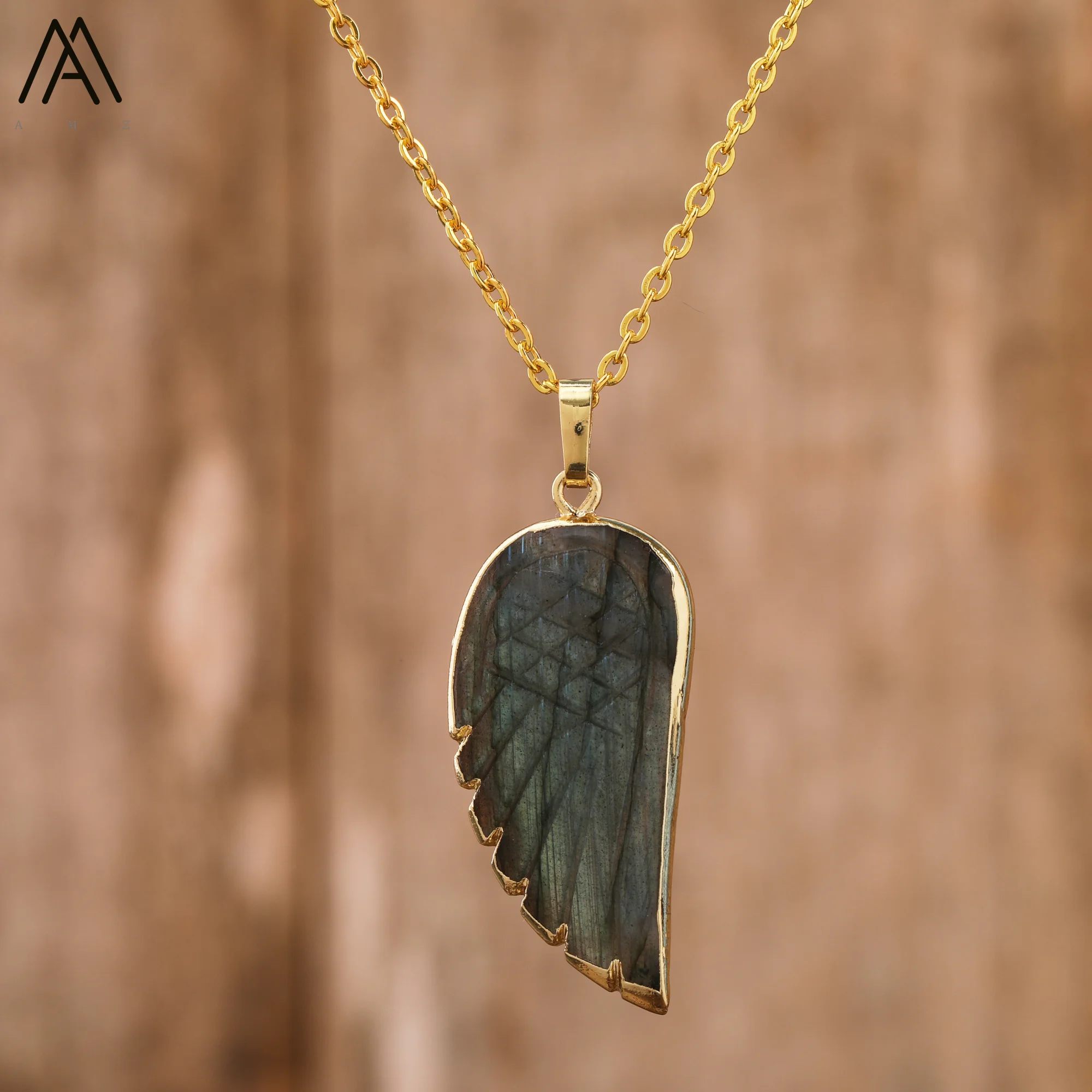 Luxury Flash Labradorite Angel Wing Pendant Necklaces Women Fashion Rainbow Fluorite Choker Necklace Jewelry Gifts Wholesales