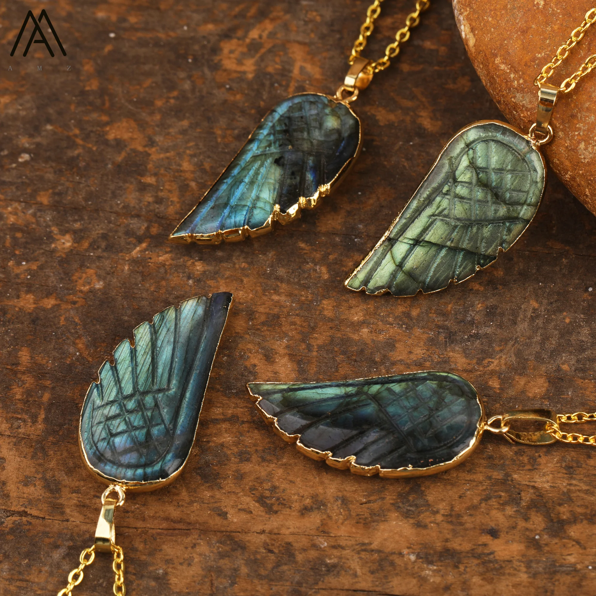 Luxury Flash Labradorite Angel Wing Pendant Necklaces Women Fashion Rainbow Fluorite Choker Necklace Jewelry Gifts Wholesales