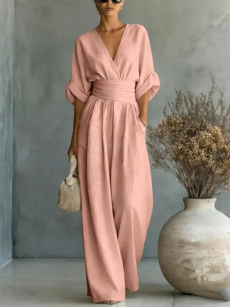 2026 Spring Summer Women Elegant V-neck Jumpsuit Casual Short Sleeve Ruched High Waist Wide Leg Pants Loose Office Lady Romper