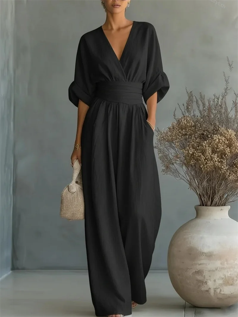 2026 Spring Summer Women Elegant V-neck Jumpsuit Casual Short Sleeve Ruched High Waist Wide Leg Pants Loose Office Lady Romper