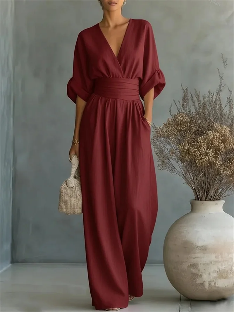 2026 Spring Summer Women Elegant V-neck Jumpsuit Casual Short Sleeve Ruched High Waist Wide Leg Pants Loose Office Lady Romper