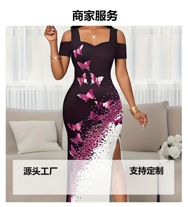 Summer Long Dress Elegant Fashionable Slim-fitting Printed Commuting Style V-neck Off-shoulder Slit Mid-waist Sleeveless Dresses