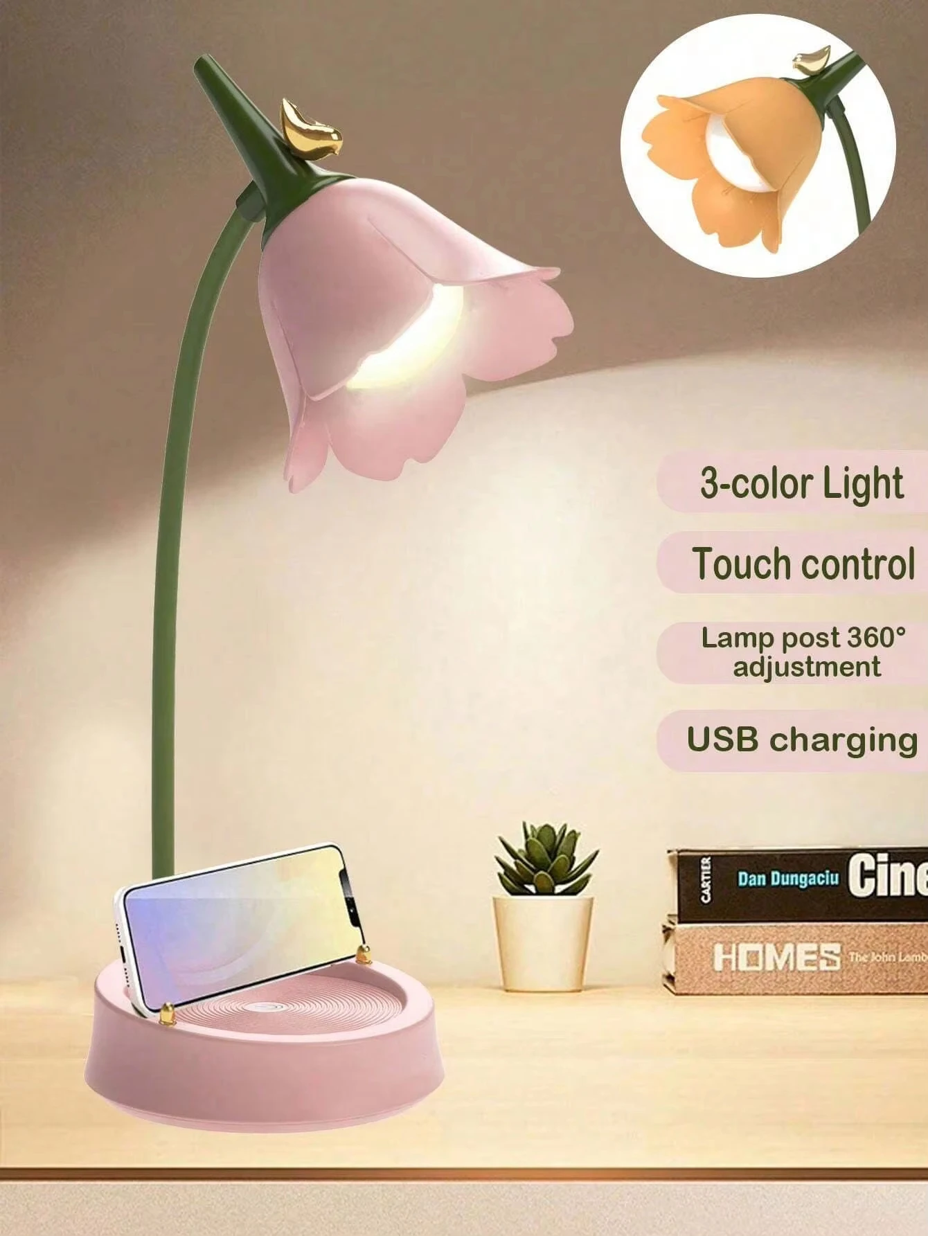 Pink Flower Cute Lamp LED Desk Lamp Table Light Adjustable Touch Rechargeable Battery Night Light for Dorm Reading Table Light