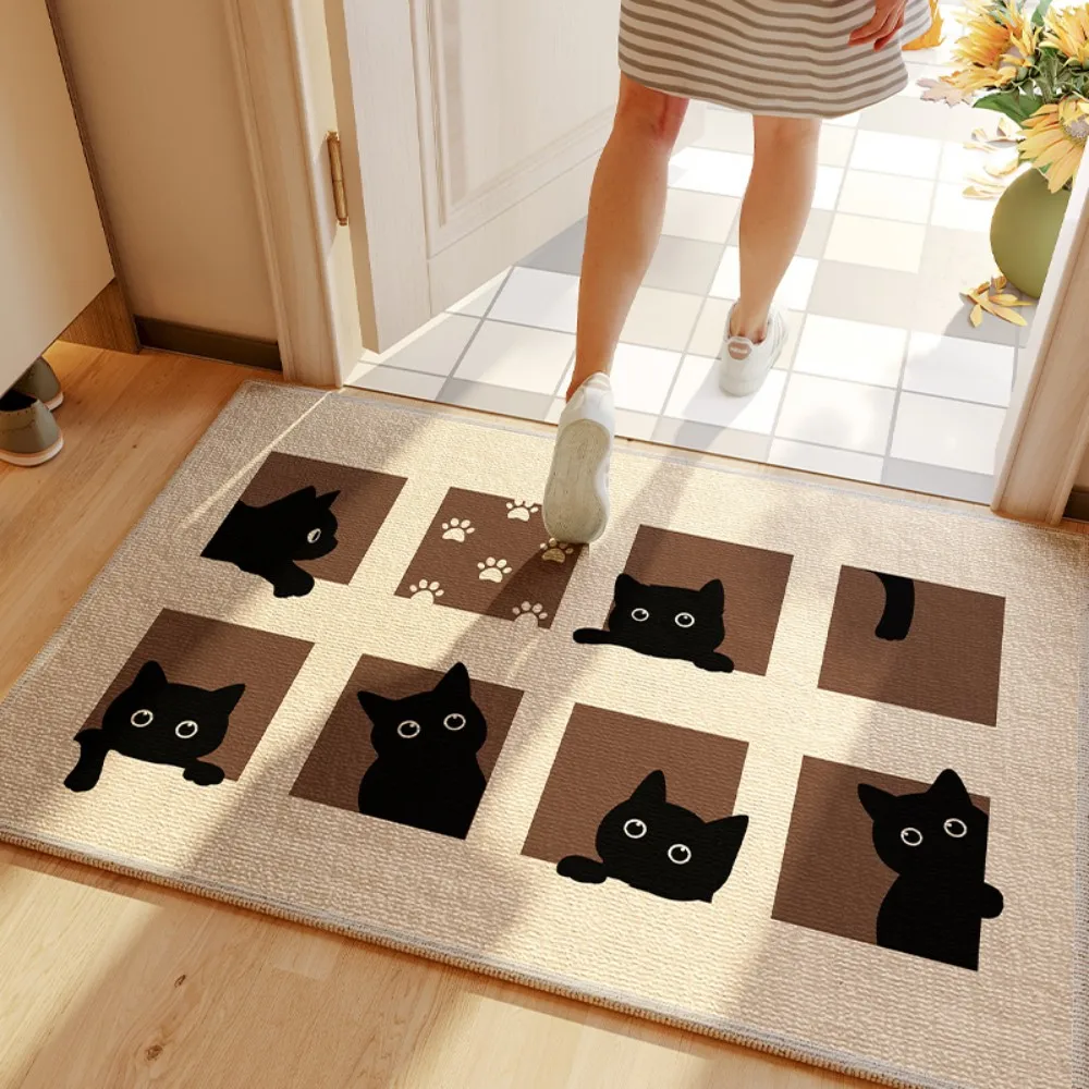 VIKAMA Entry Door Mat Cartoon Black Cat Square Floor Mat Entrance Non Slip Water Absorbent Easy To Clean Doormat Home Decoration