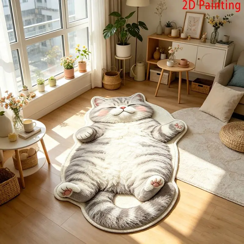 VIKAMA Blush Cheek Lying Fat Tabby Cat Bedroom Rug Full Body Irregular Outline Soft Fluffy Anti Slip Bedside Floor Carpet