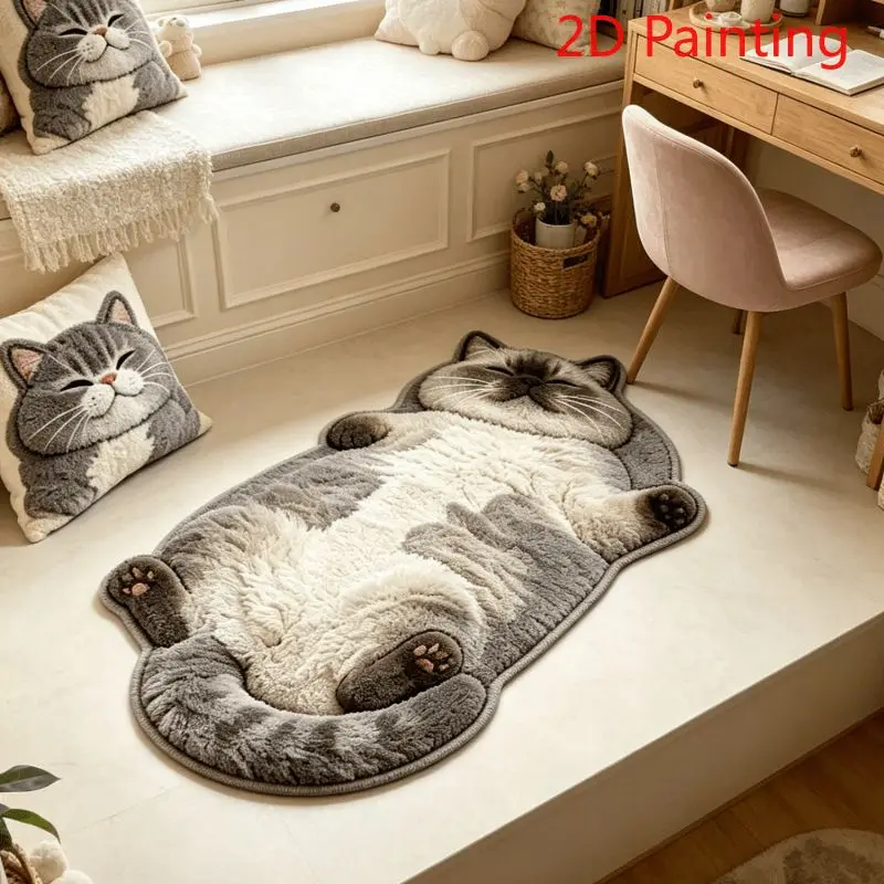 VIKAMA Blush Cheek Lying Fat Tabby Cat Bedroom Rug Full Body Irregular Outline Soft Fluffy Anti Slip Bedside Floor Carpet