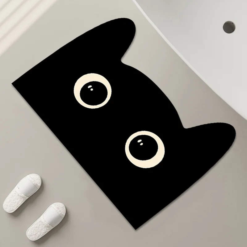 Black Cat Quick-Drying Bath Mats Cute Absorbent Floor Mats for Bathroom Bathtub with Non-slip Rubber Bottom Small Size Foot Pads