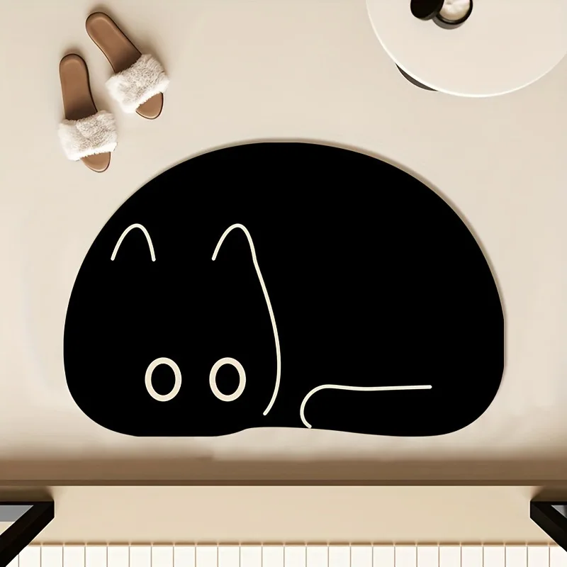 Black Cat Quick-Drying Bath Mats Cute Absorbent Floor Mats for Bathroom Bathtub with Non-slip Rubber Bottom Small Size Foot Pads