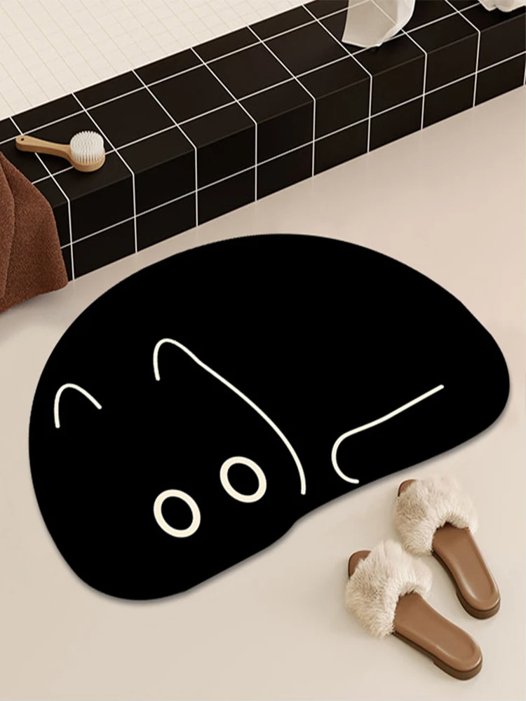 Black Cat Quick-Drying Bath Mats Cute Absorbent Floor Mats for Bathroom Bathtub with Non-slip Rubber Bottom Small Size Foot Pads