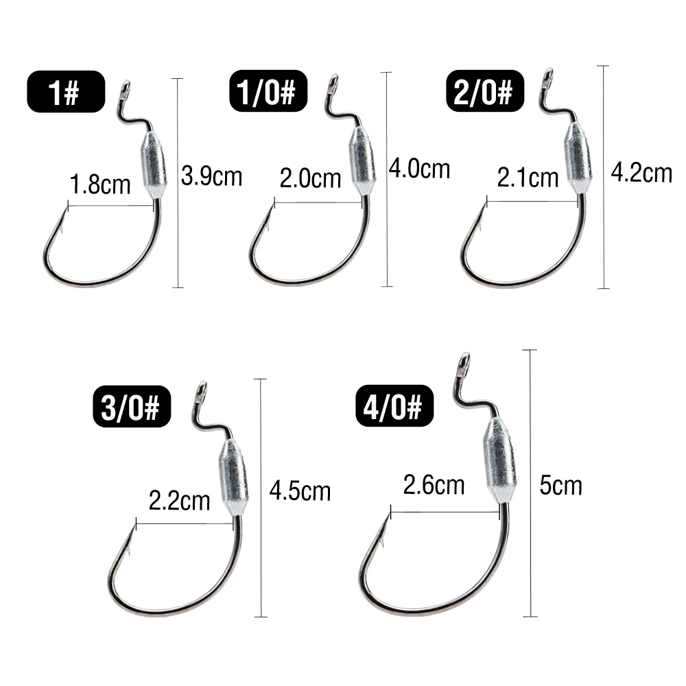 10Pcs Weighted Fishing Hooks 1# 1/0# 2/0# 3/0# 4/0# Offset Wide Gap Worm Hooks Bass Swimbait Hooks for Soft Lures