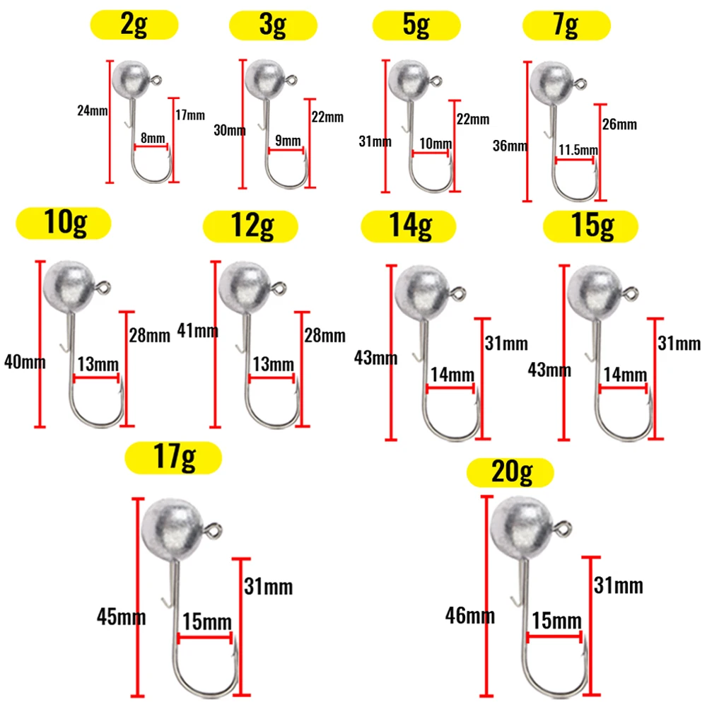Barbed Metal Jig Hooks 2g 20g All Size Round Ball Jigging Head Hook Weedless Long Shank Gear for Soft Worm Lure Fishing Fishhook