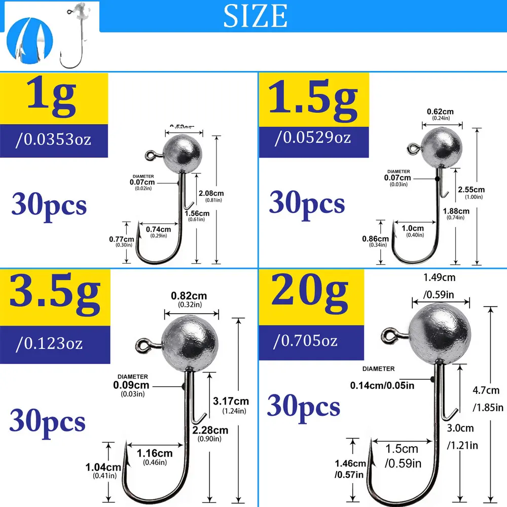 30pcs/lot 1g-20g jig fishing hooks with auxiliary hook, jig head and soft worm fishing hooks for various weights of freshwate