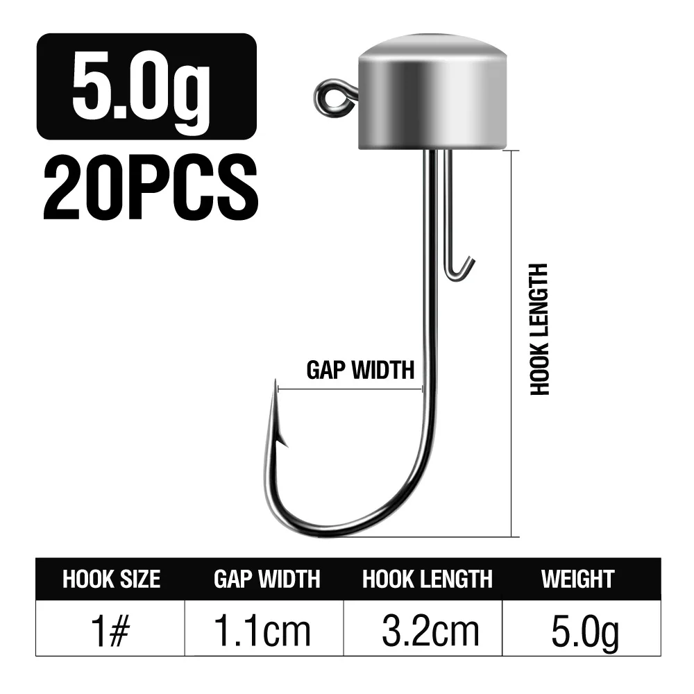 20pcs Ned Rig Jig Heads Fishing Hooks Mushroom Head Hooks 2.5-14g High Carbon Steel Fishing Tackle for Soft Plastic Baits