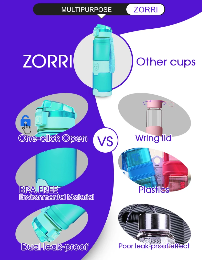 ZORRI Water Bottles Sport BPA Free Portable Leak-proof Gym Outdoor Travel Hiking Bicycle Bottle Water Gourds Garrafas De Agua