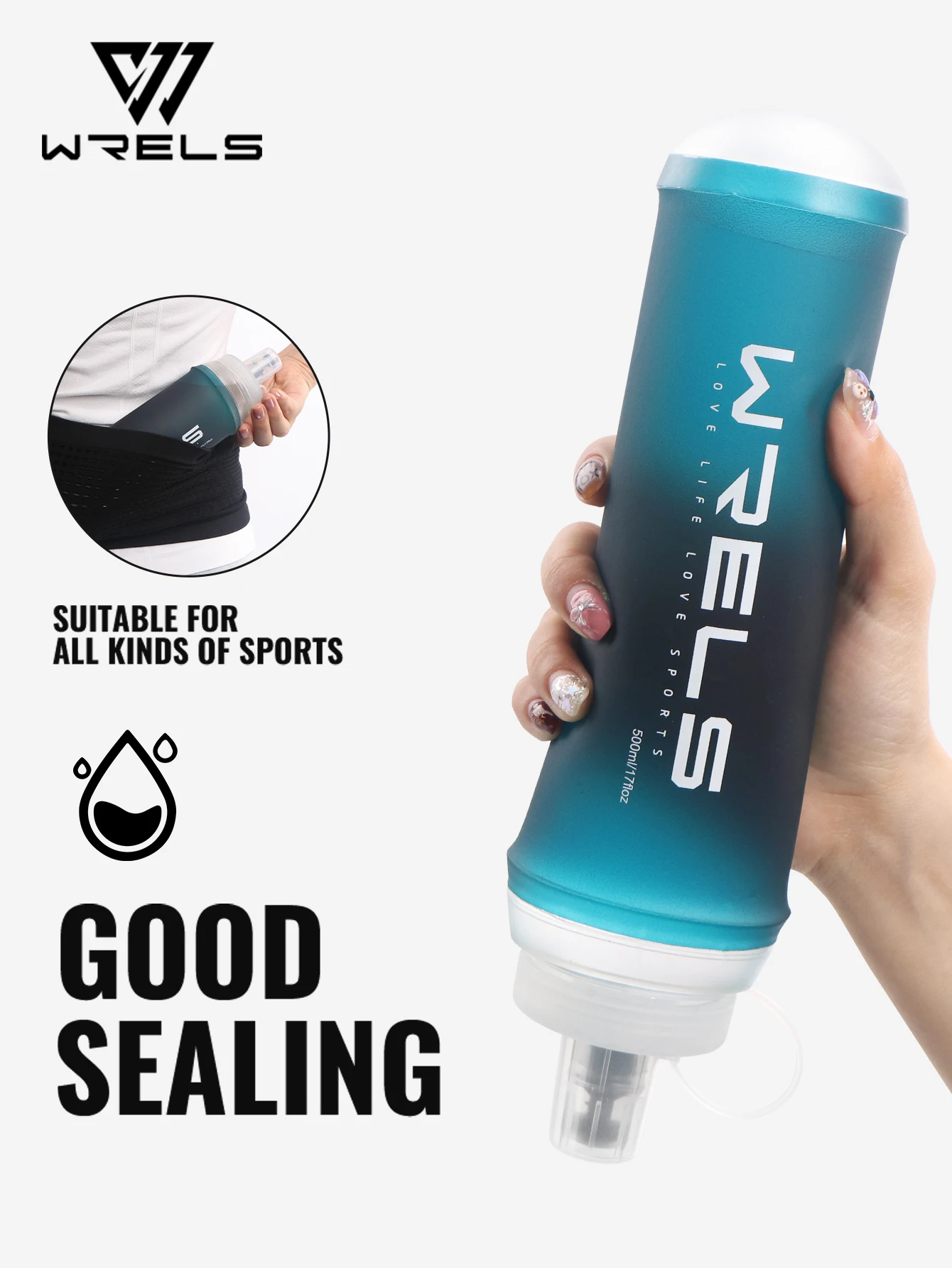 WRELS 500ML TPU Soft Folding Travel Water Bottles BPA-Free Collapsible Sports Flasks Running Hiking Bicycle Fitness Water Bottle