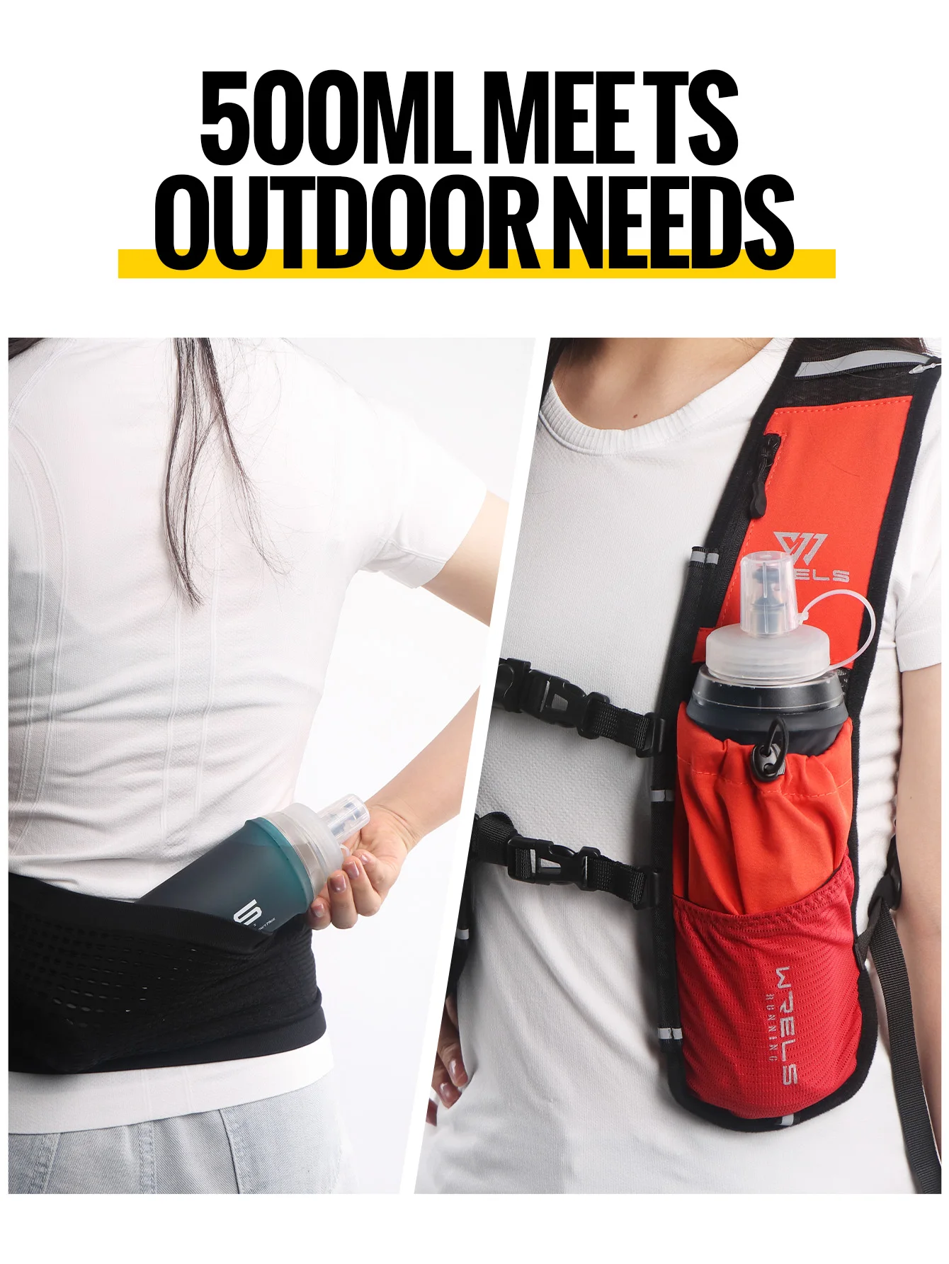 WRELS 500ML TPU Soft Folding Travel Water Bottles BPA-Free Collapsible Sports Flasks Running Hiking Bicycle Fitness Water Bottle