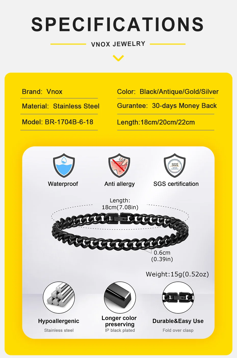 Vnox 18cm/20cm/22cm Stainless Steel Bold Cuban Bracelets for Men Women,6mm/8mm/10mm/12mm Width Miami Curb Links Wristband Gift