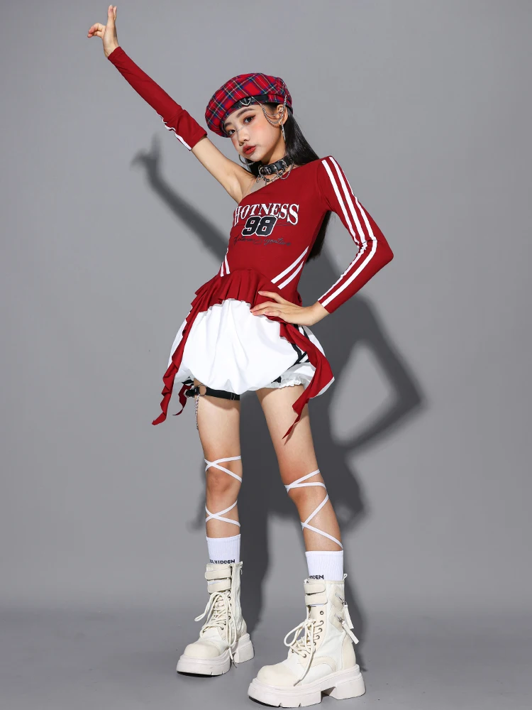 Girls Hip Hop Off Shoulder Crop Top puff Skirts Cargo Pants Child Streetwear Girl Group Costumes Kids K-pop Dance Clothes Sets