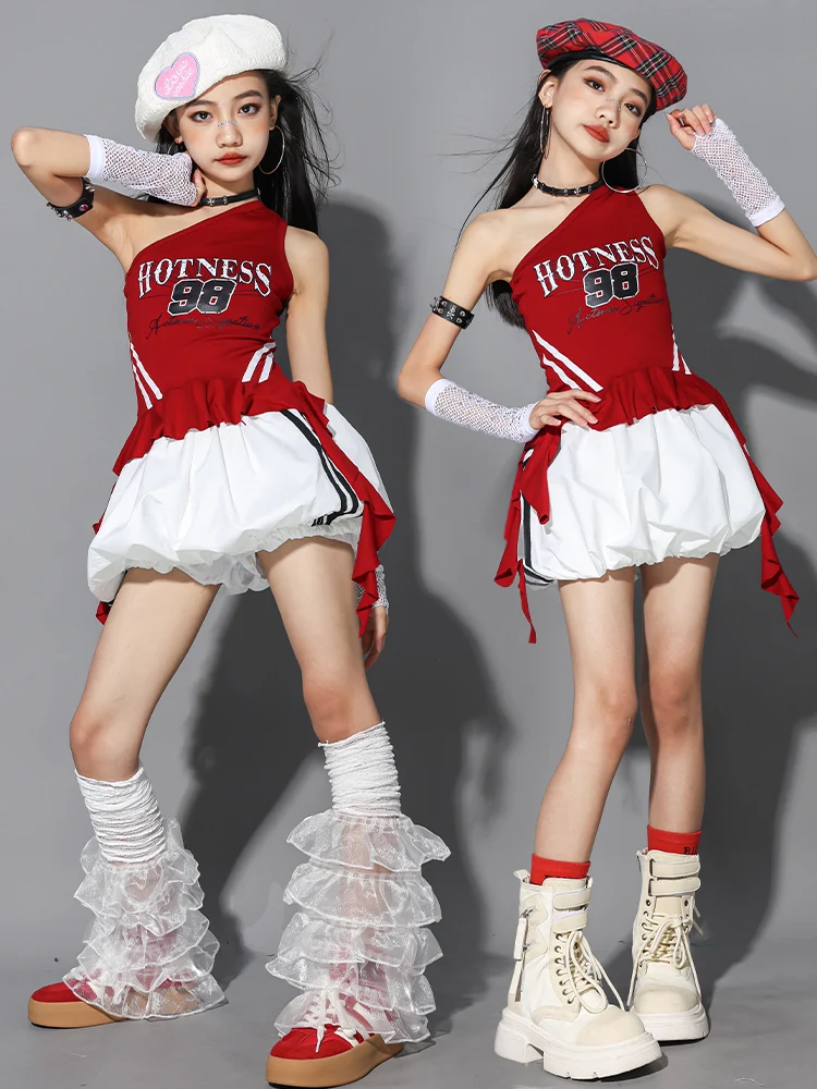 Girls Hip Hop Off Shoulder Crop Top puff Skirts Cargo Pants Child Streetwear Girl Group Costumes Kids K-pop Dance Clothes Sets