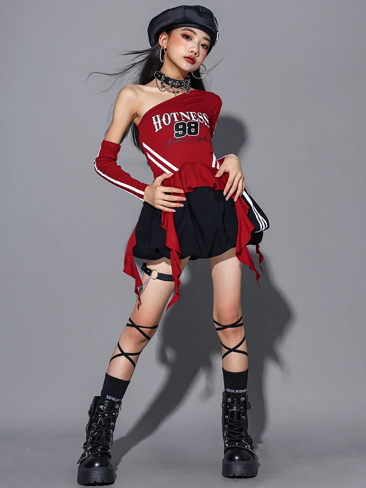 Girls Hip Hop Off Shoulder Crop Top puff Skirts Cargo Pants Child Streetwear Girl Group Costumes Kids K-pop Dance Clothes Sets