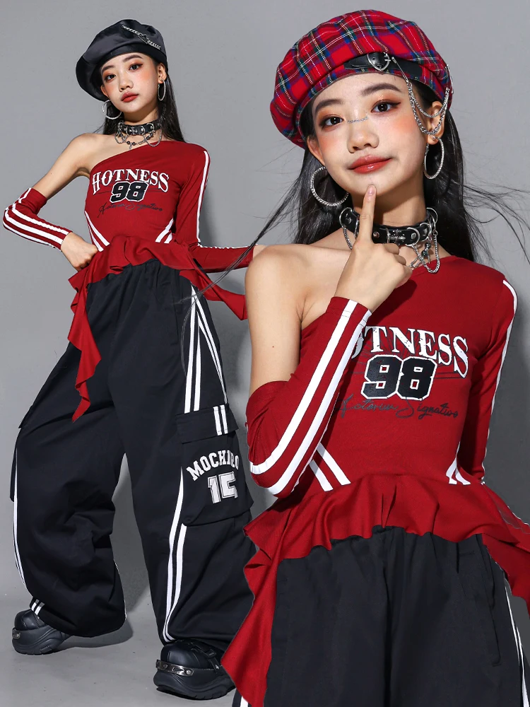 Girls Hip Hop Off Shoulder Crop Top puff Skirts Cargo Pants Child Streetwear Girl Group Costumes Kids K-pop Dance Clothes Sets