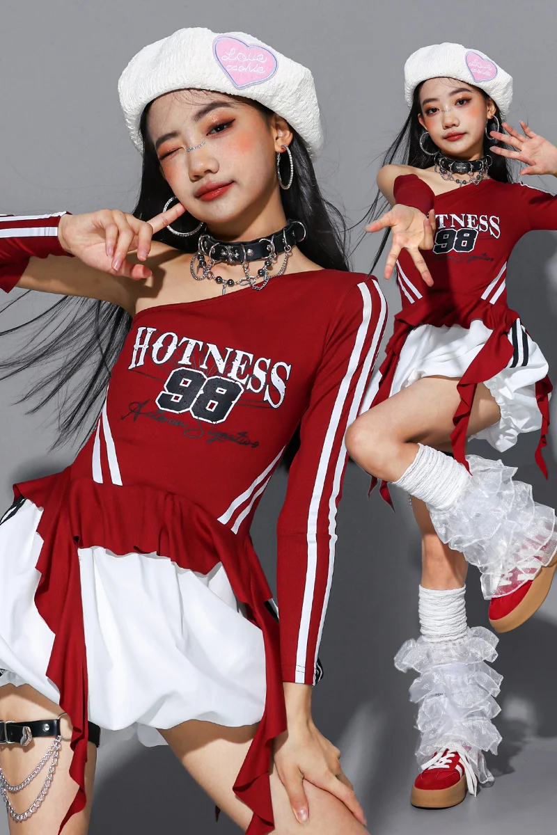 Girls Hip Hop Off Shoulder Crop Top puff Skirts Cargo Pants Child Streetwear Girl Group Costumes Kids K-pop Dance Clothes Sets