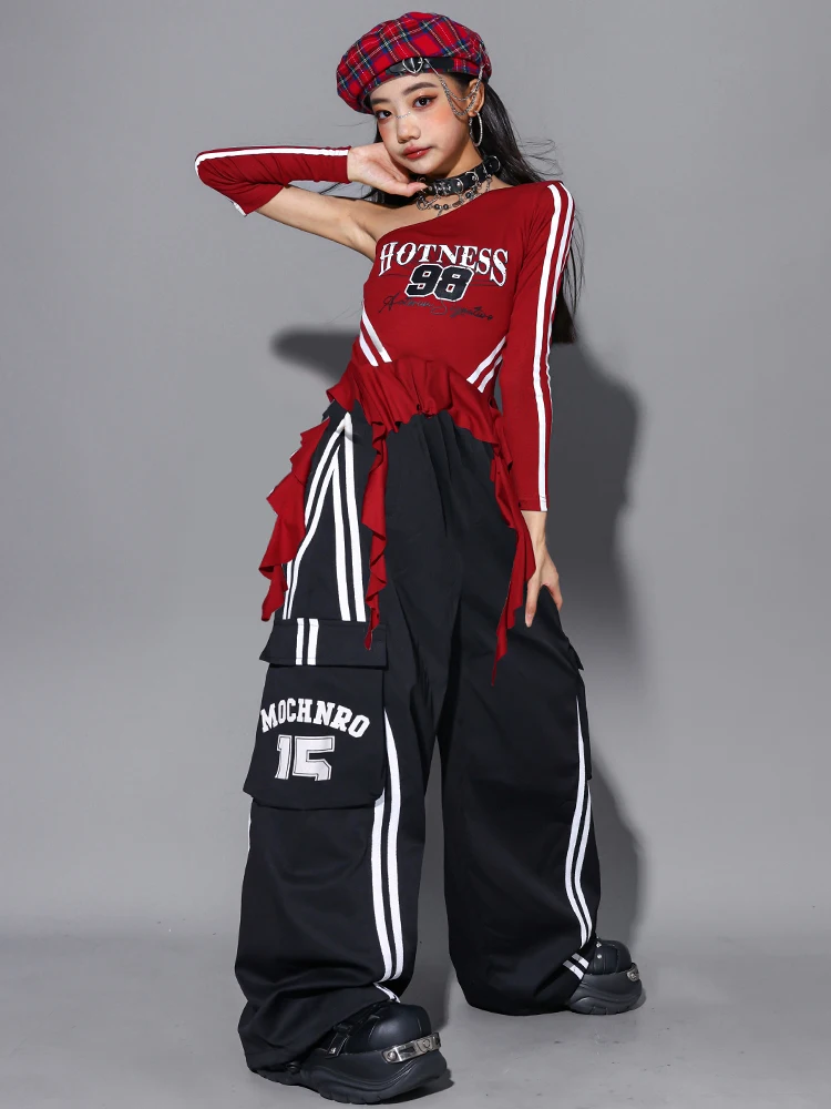 Girls Hip Hop Off Shoulder Crop Top puff Skirts Cargo Pants Child Streetwear Girl Group Costumes Kids K-pop Dance Clothes Sets