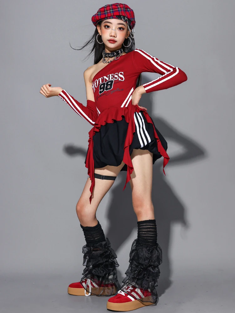 Girls Hip Hop Off Shoulder Crop Top puff Skirts Cargo Pants Child Streetwear Girl Group Costumes Kids K-pop Dance Clothes Sets
