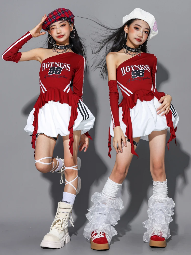 Girls Hip Hop Off Shoulder Crop Top puff Skirts Cargo Pants Child Streetwear Girl Group Costumes Kids K-pop Dance Clothes Sets