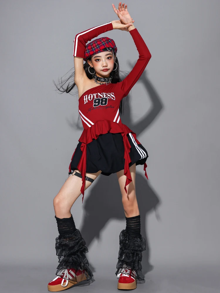Girls Hip Hop Off Shoulder Crop Top puff Skirts Cargo Pants Child Streetwear Girl Group Costumes Kids K-pop Dance Clothes Sets