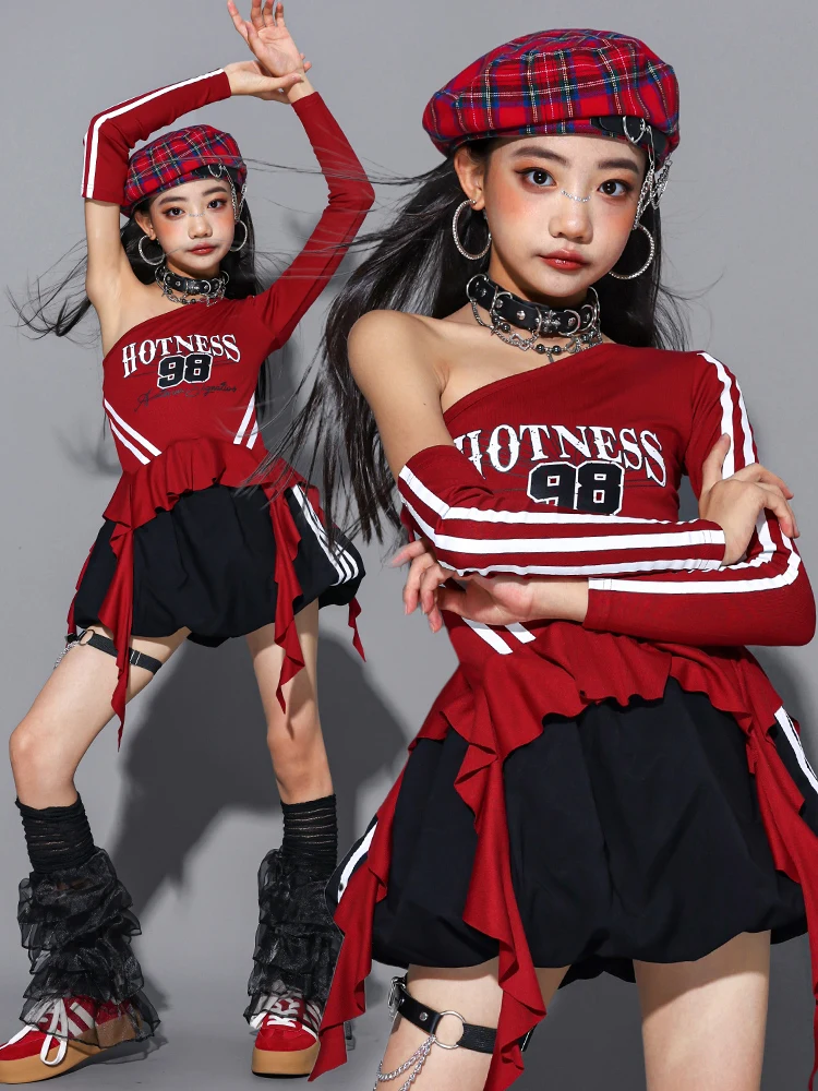 Girls Hip Hop Off Shoulder Crop Top puff Skirts Cargo Pants Child Streetwear Girl Group Costumes Kids K-pop Dance Clothes Sets