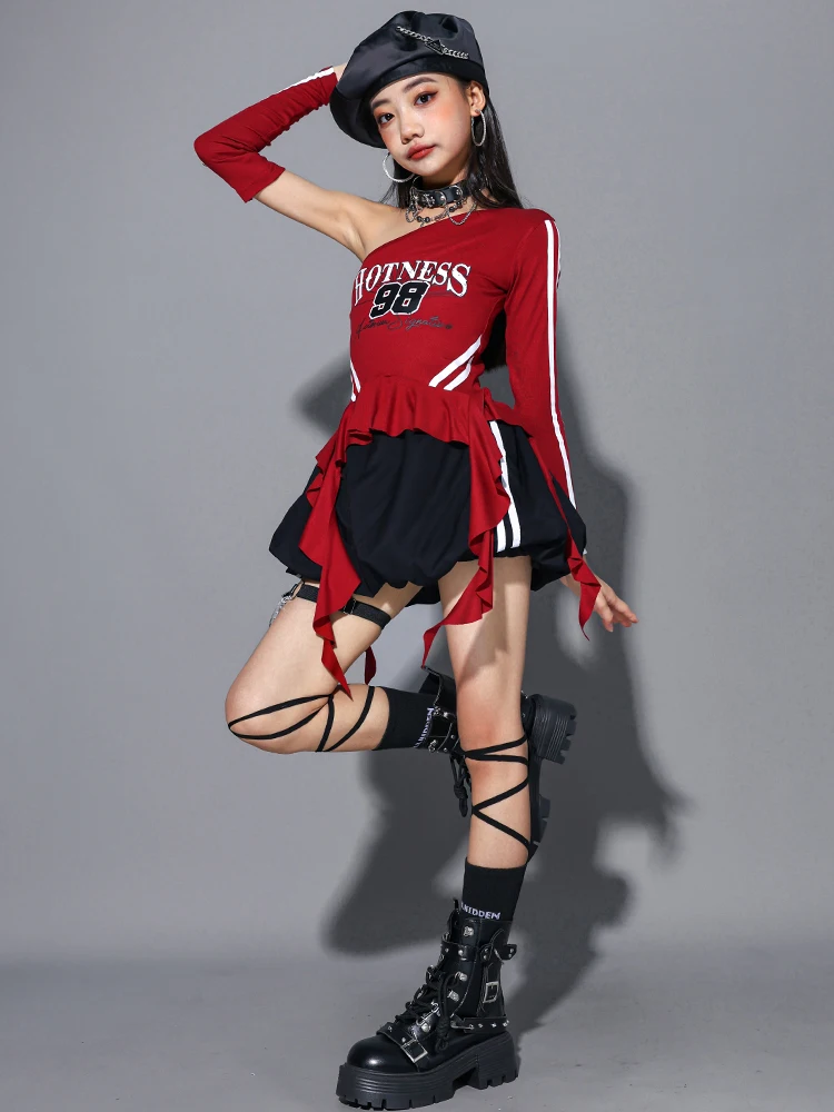Girls Hip Hop Off Shoulder Crop Top puff Skirts Cargo Pants Child Streetwear Girl Group Costumes Kids K-pop Dance Clothes Sets