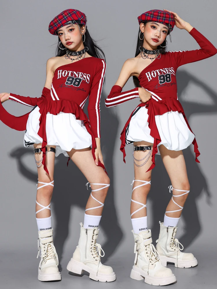 Girls Hip Hop Off Shoulder Crop Top puff Skirts Cargo Pants Child Streetwear Girl Group Costumes Kids K-pop Dance Clothes Sets