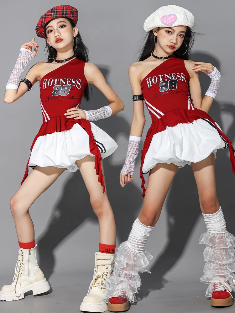 Girls Hip Hop Off Shoulder Crop Top puff Skirts Cargo Pants Child Streetwear Girl Group Costumes Kids K-pop Dance Clothes Sets