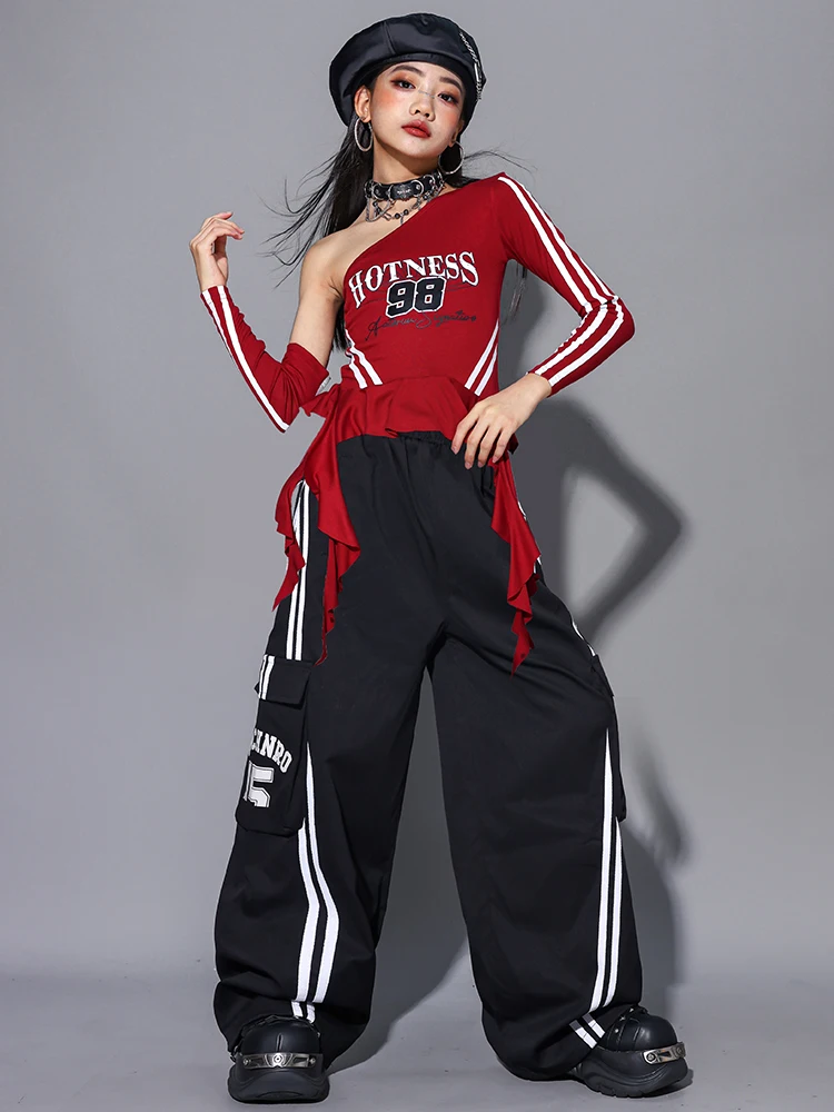 Girls Hip Hop Off Shoulder Crop Top puff Skirts Cargo Pants Child Streetwear Girl Group Costumes Kids K-pop Dance Clothes Sets