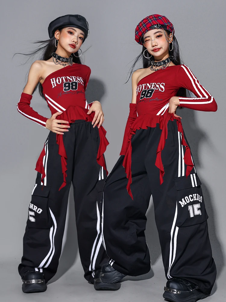 Girls Hip Hop Off Shoulder Crop Top puff Skirts Cargo Pants Child Streetwear Girl Group Costumes Kids K-pop Dance Clothes Sets