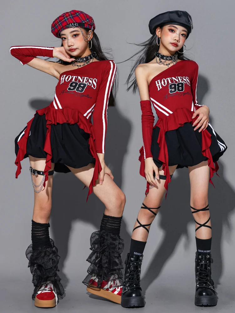 Girls Hip Hop Off Shoulder Crop Top puff Skirts Cargo Pants Child Streetwear Girl Group Costumes Kids K-pop Dance Clothes Sets