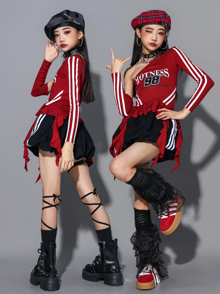 Girls Hip Hop Off Shoulder Crop Top puff Skirts Cargo Pants Child Streetwear Girl Group Costumes Kids K-pop Dance Clothes Sets